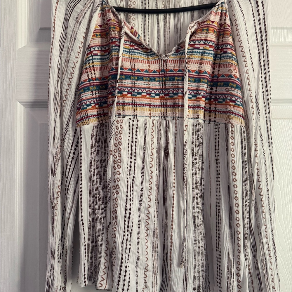 Savanna Jane Relaxed White and Brown Tie Front Tunic